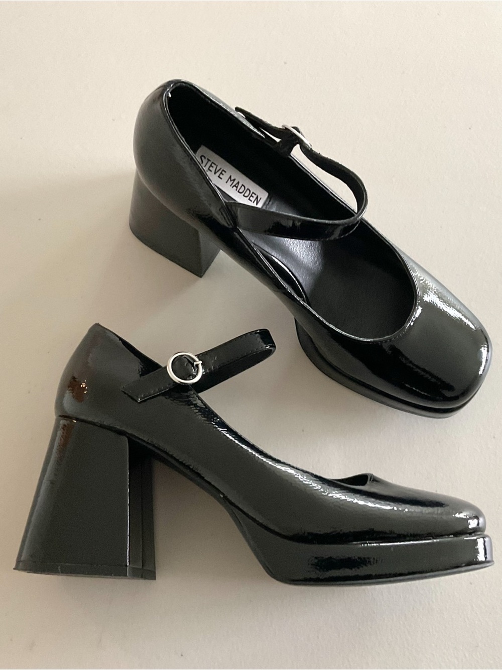 STEVE MADDEN Mingle Patent Block Heel Mary Jane Platform Pumps Black Size 10